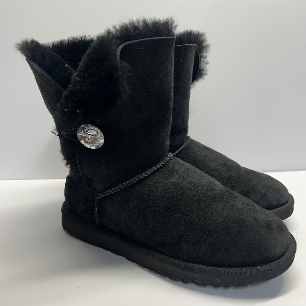 UGG Bailey Button Bling Black Women 6 Swarovski Crystal Suede Shearling Boots
